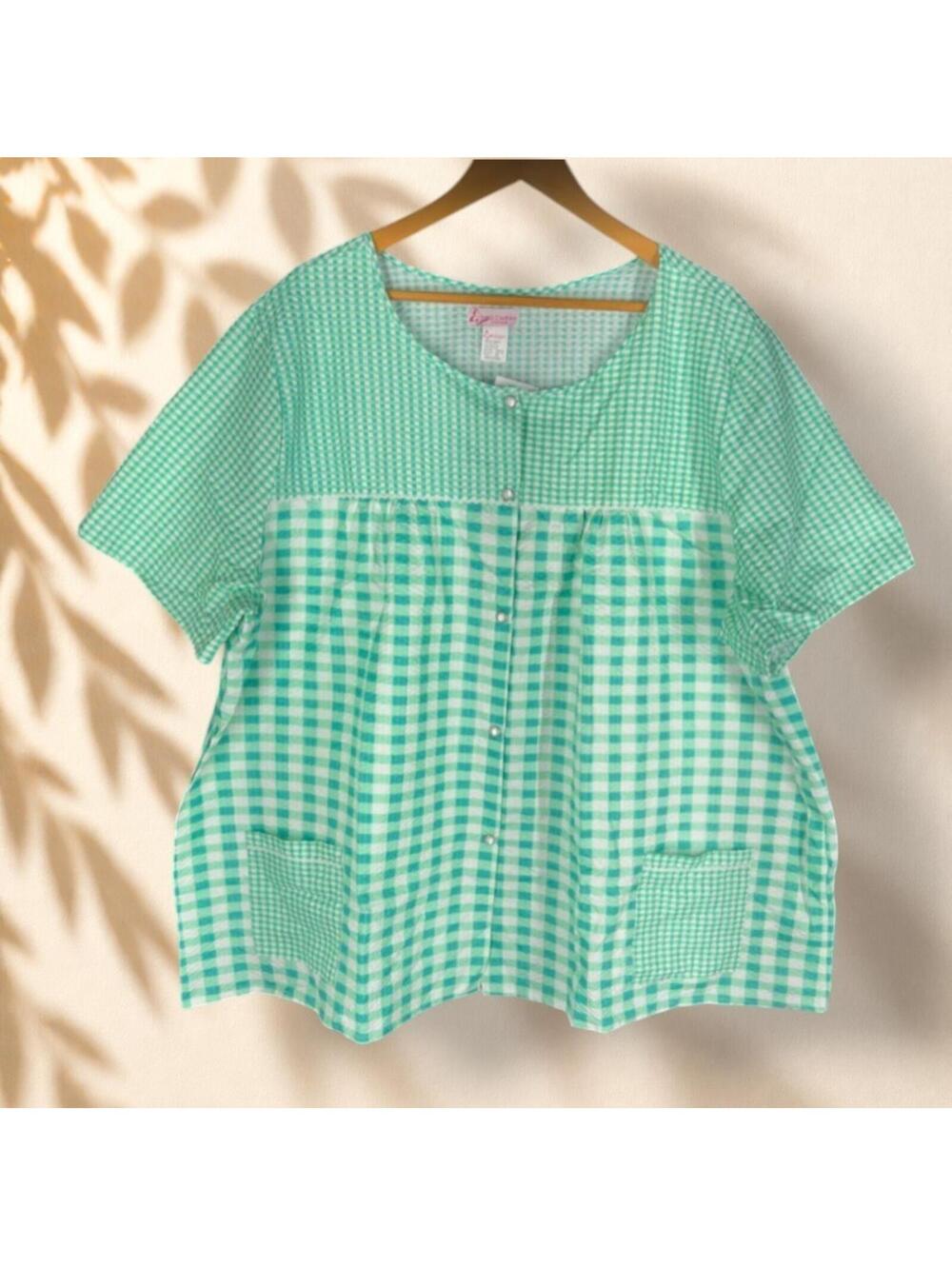 New Lati Fashion Pajama Top Women 3X Plus Green Plaid Button Up Short Sleeve